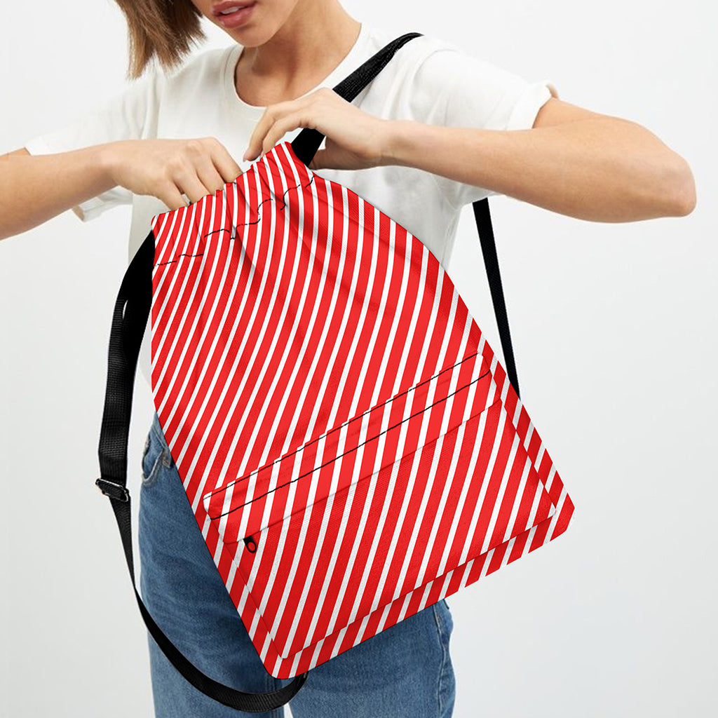 Red And White Candy Cane Pattern Print Drawstring Backpack
