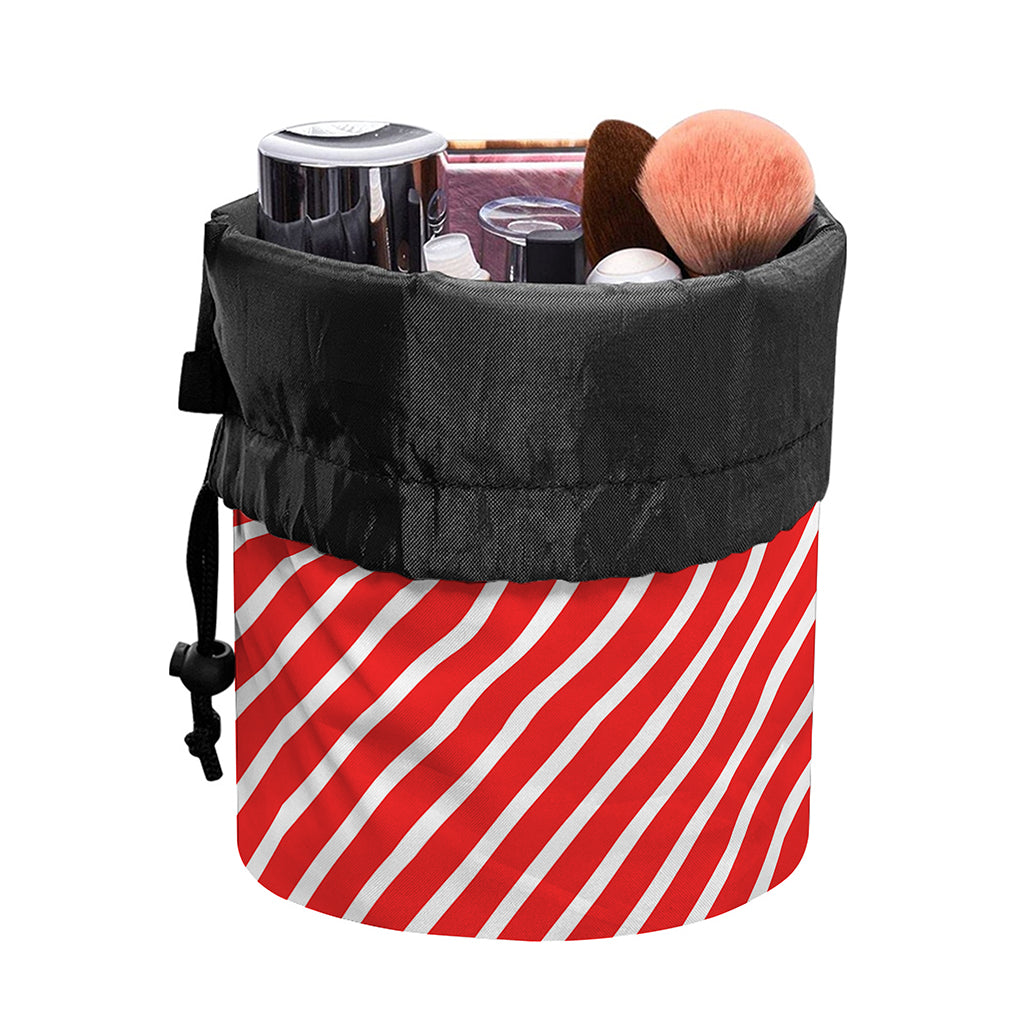 Red And White Candy Cane Pattern Print Drawstring Makeup Bag