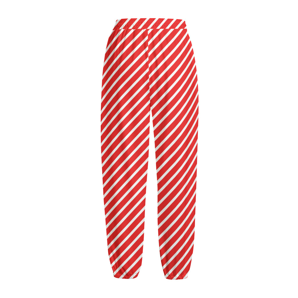 Red And White Candy Cane Pattern Print Fleece Lined Knit Pants
