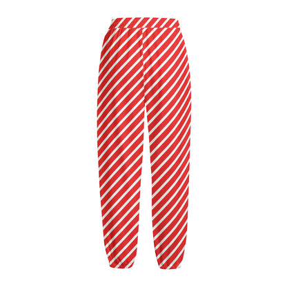Red And White Candy Cane Pattern Print Fleece Lined Knit Pants