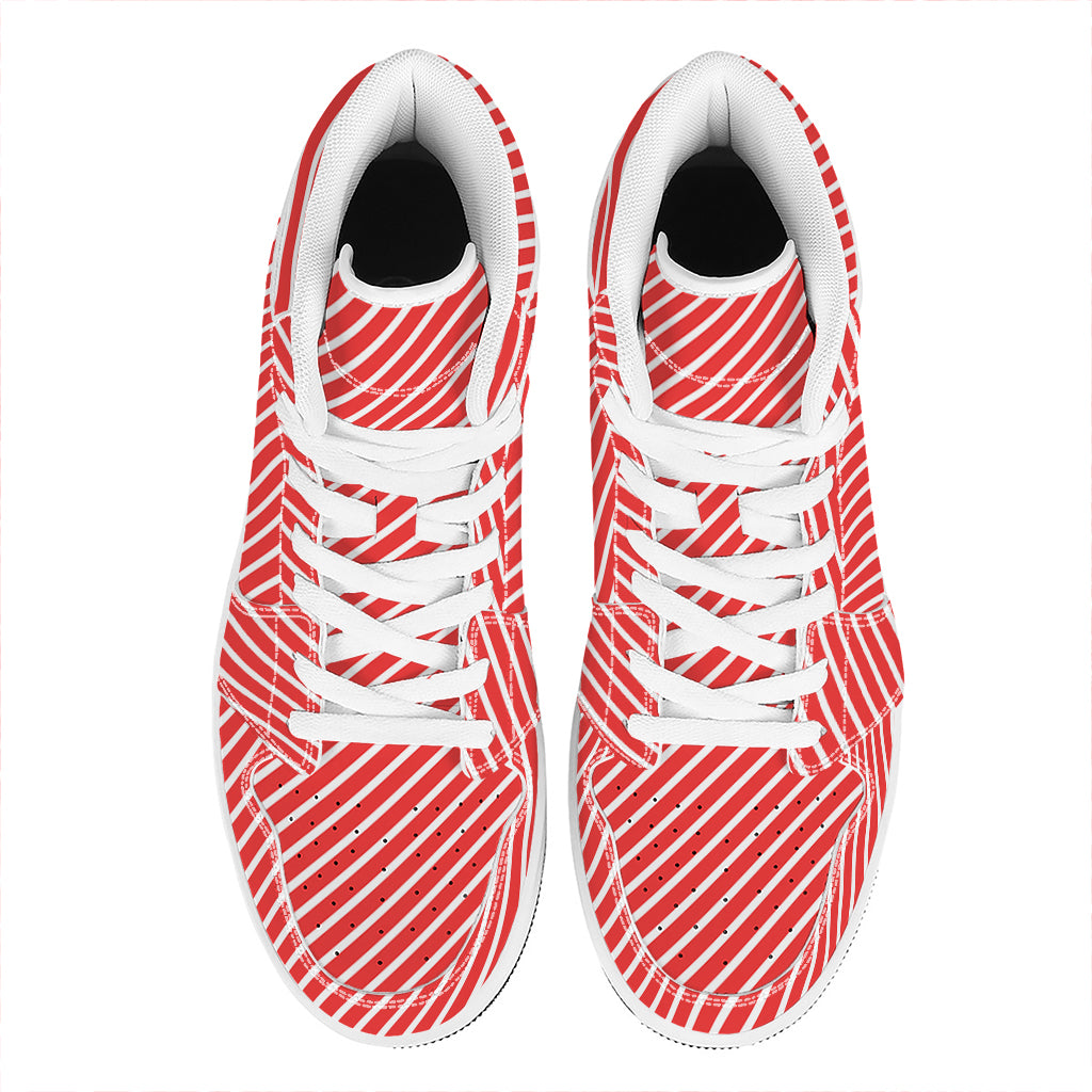 Red And White Candy Cane Pattern Print High Top Leather Sneakers