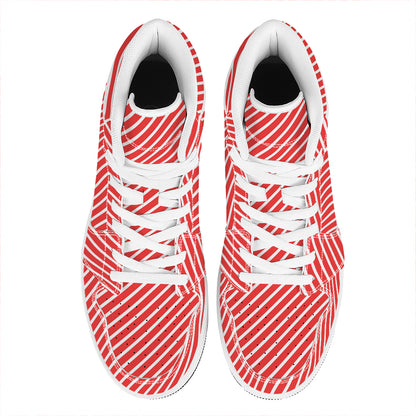 Red And White Candy Cane Pattern Print High Top Leather Sneakers