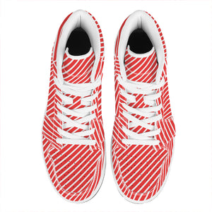 Red And White Candy Cane Pattern Print High Top Leather Sneakers