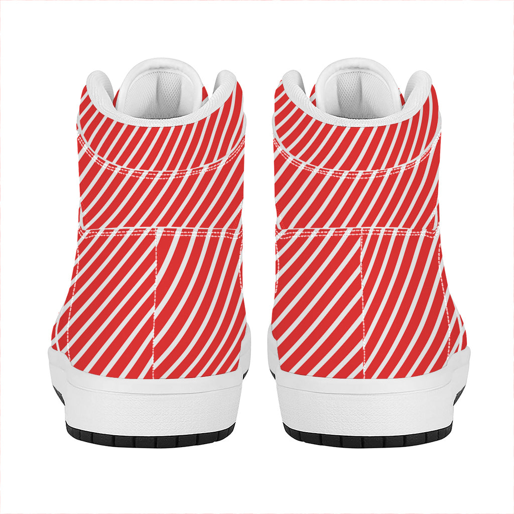 Red And White Candy Cane Pattern Print High Top Leather Sneakers