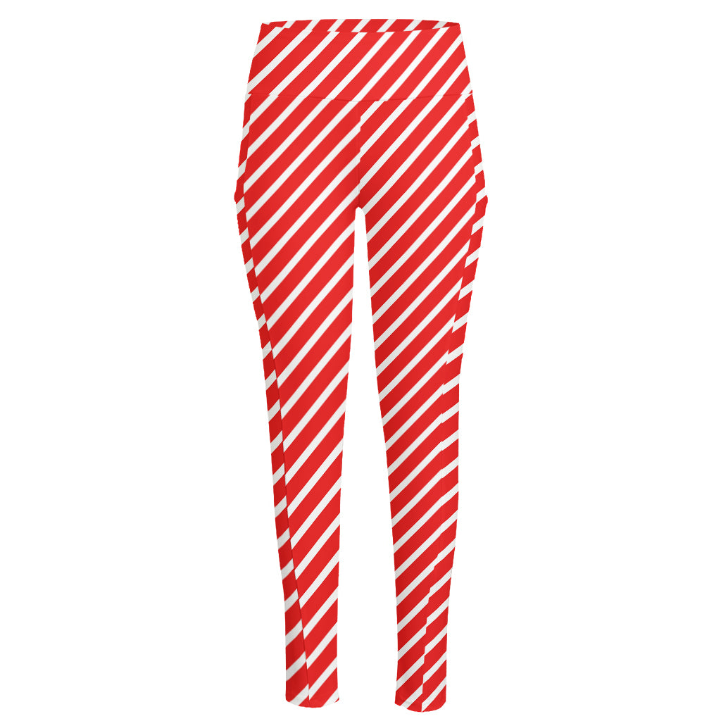 Red And White Candy Cane Pattern Print High-Waisted Pocket Leggings