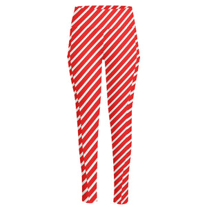 Red And White Candy Cane Pattern Print High-Waisted Pocket Leggings