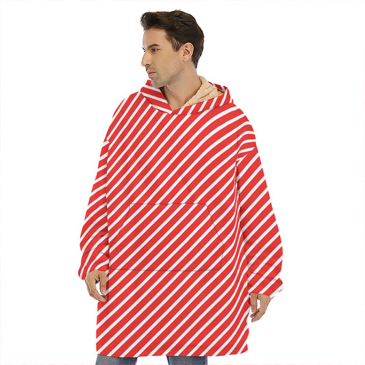 Red And White Candy Cane Pattern Print Hoodie Blanket