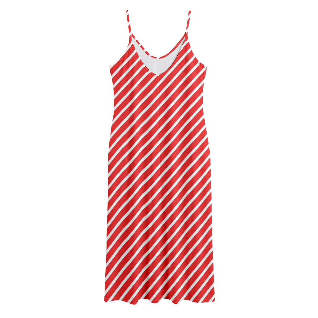 Red And White Candy Cane Pattern Print Jersey Midi Cami Dress