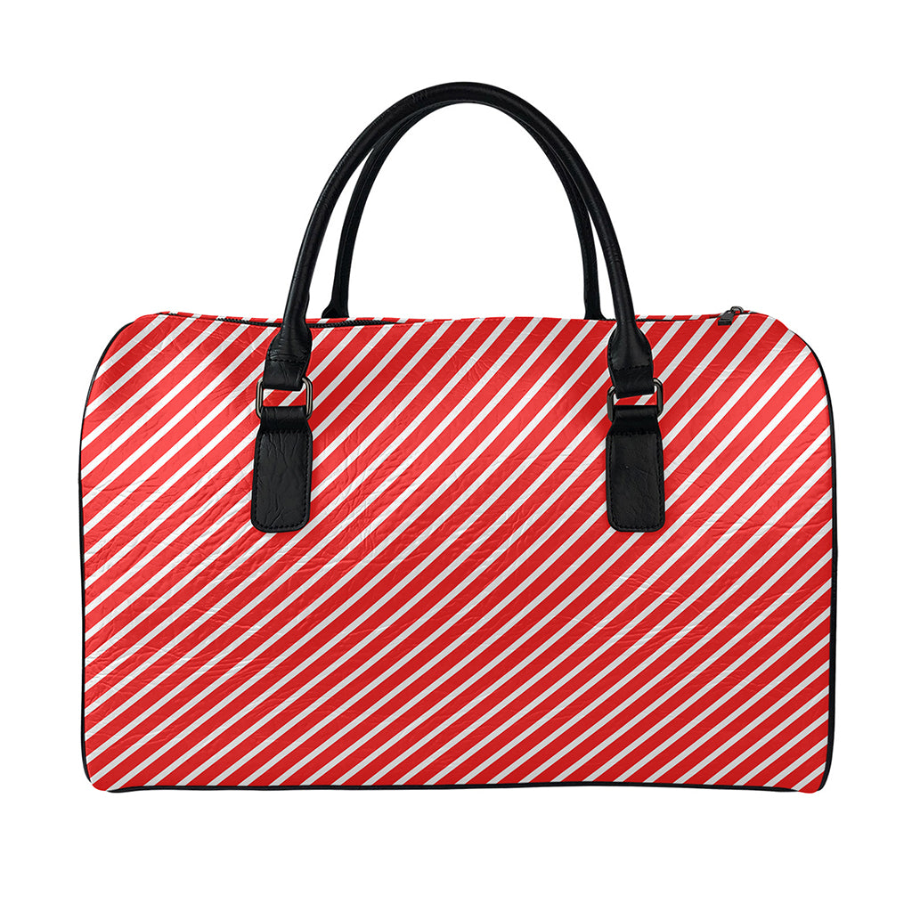 Red And White Candy Cane Pattern Print Leather Duffle Bag