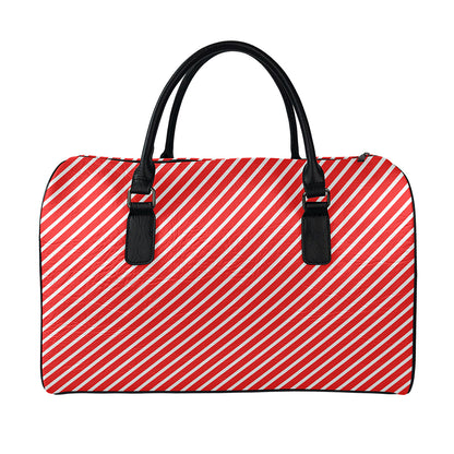 Red And White Candy Cane Pattern Print Leather Duffle Bag