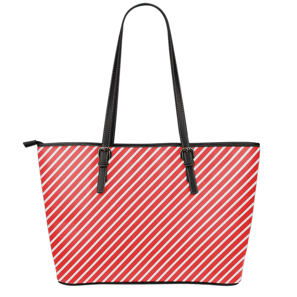 Red And White Candy Cane Pattern Print Leather Tote Bag