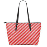 Red And White Candy Cane Pattern Print Leather Tote Bag