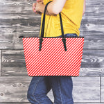 Red And White Candy Cane Pattern Print Leather Tote Bag