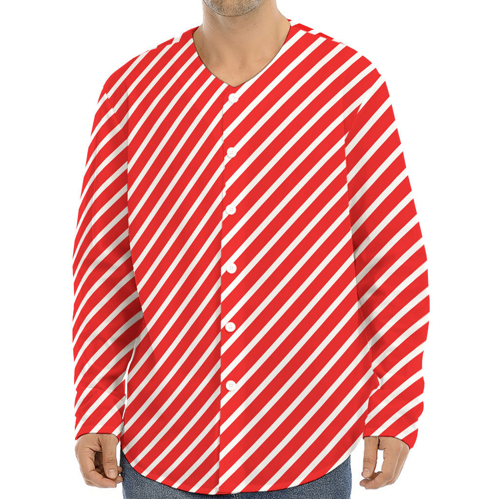 Red And White Candy Cane Pattern Print Long Sleeve Baseball Jersey