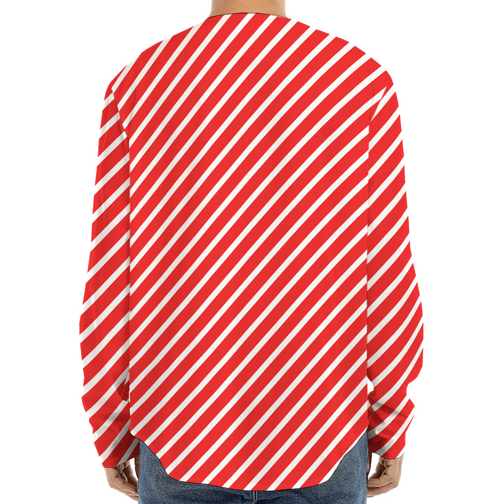 Red And White Candy Cane Pattern Print Long Sleeve Baseball Jersey