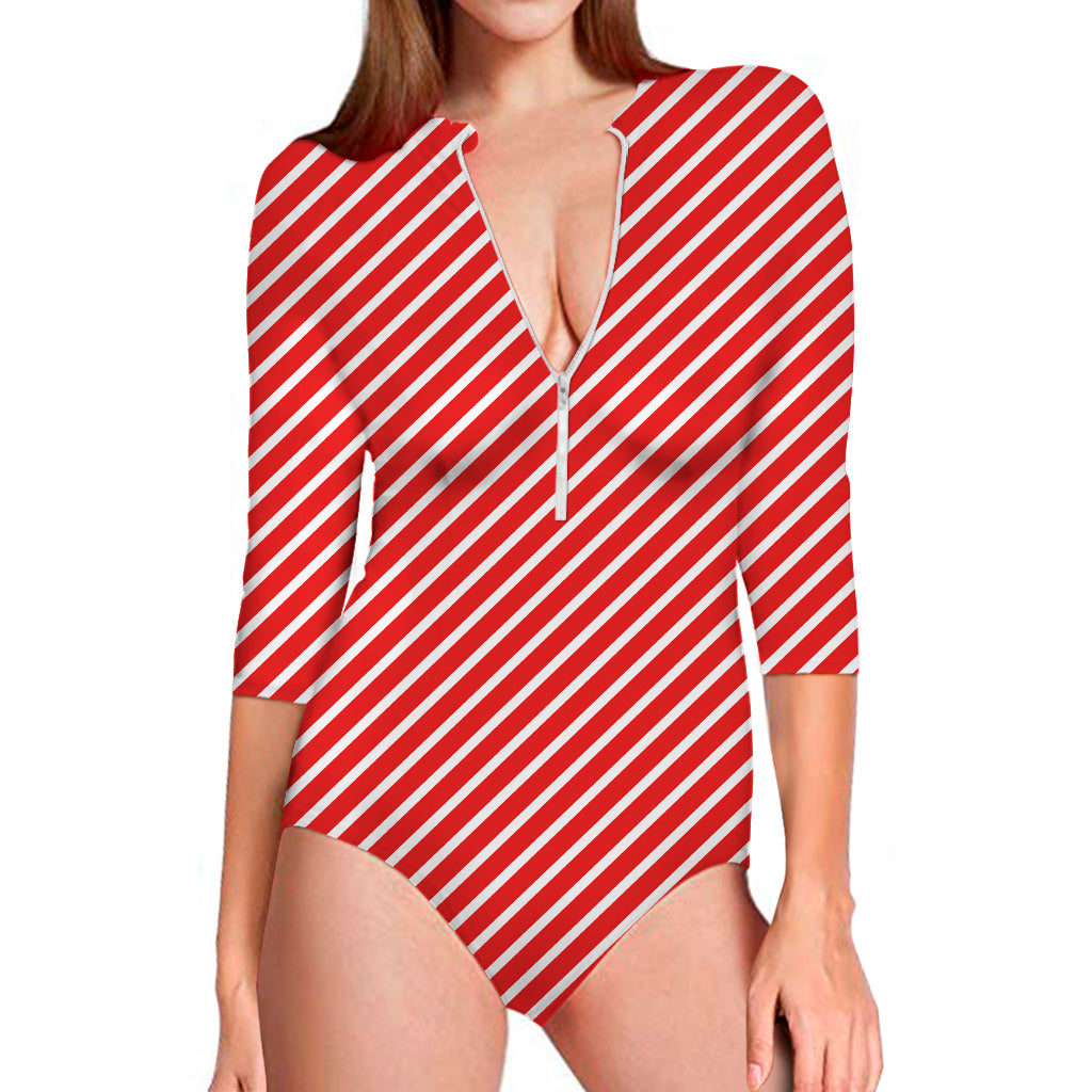 Red And White Candy Cane Pattern Print Long Sleeve Swimsuit