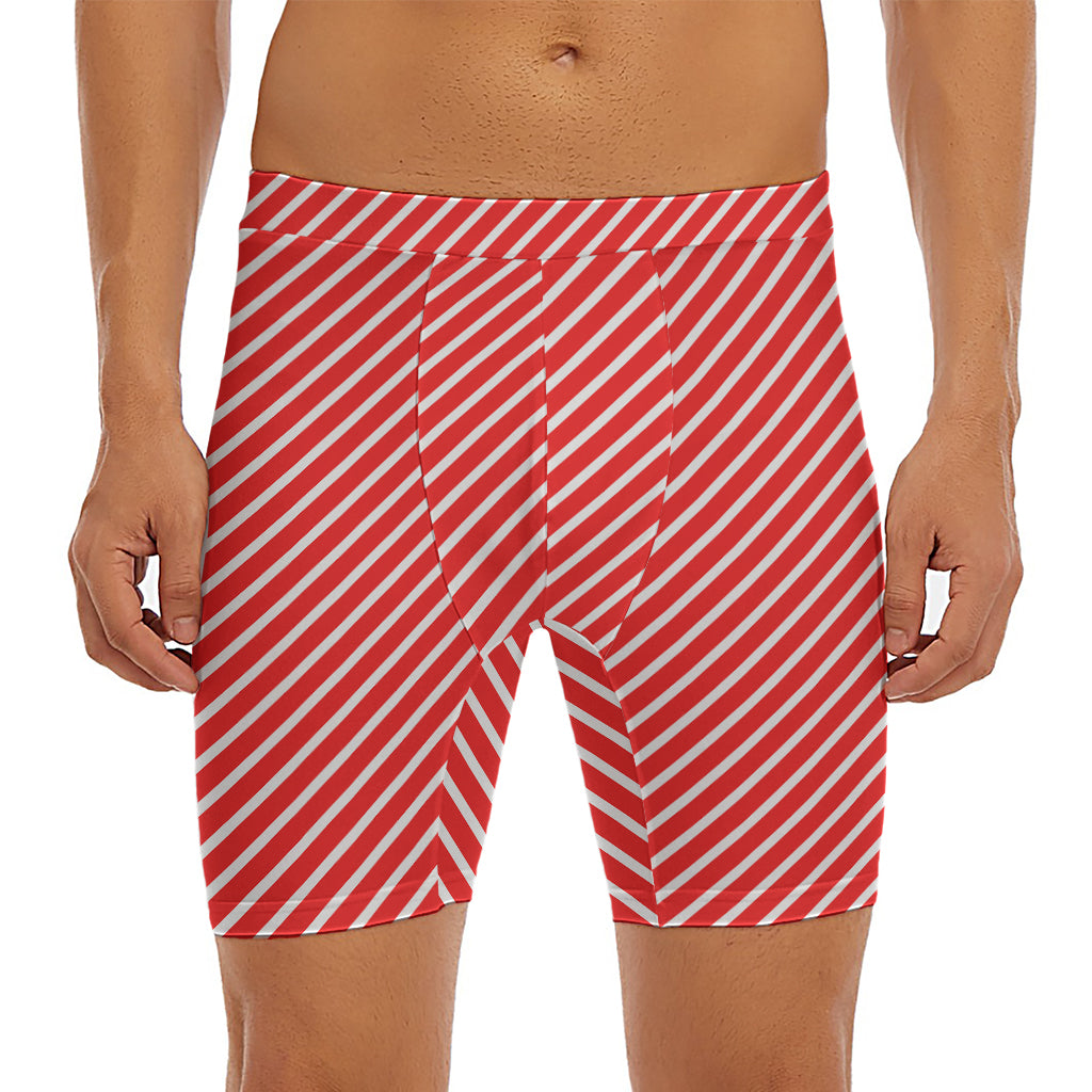 Red And White Candy Cane Pattern Print Men's Long Boxer Briefs