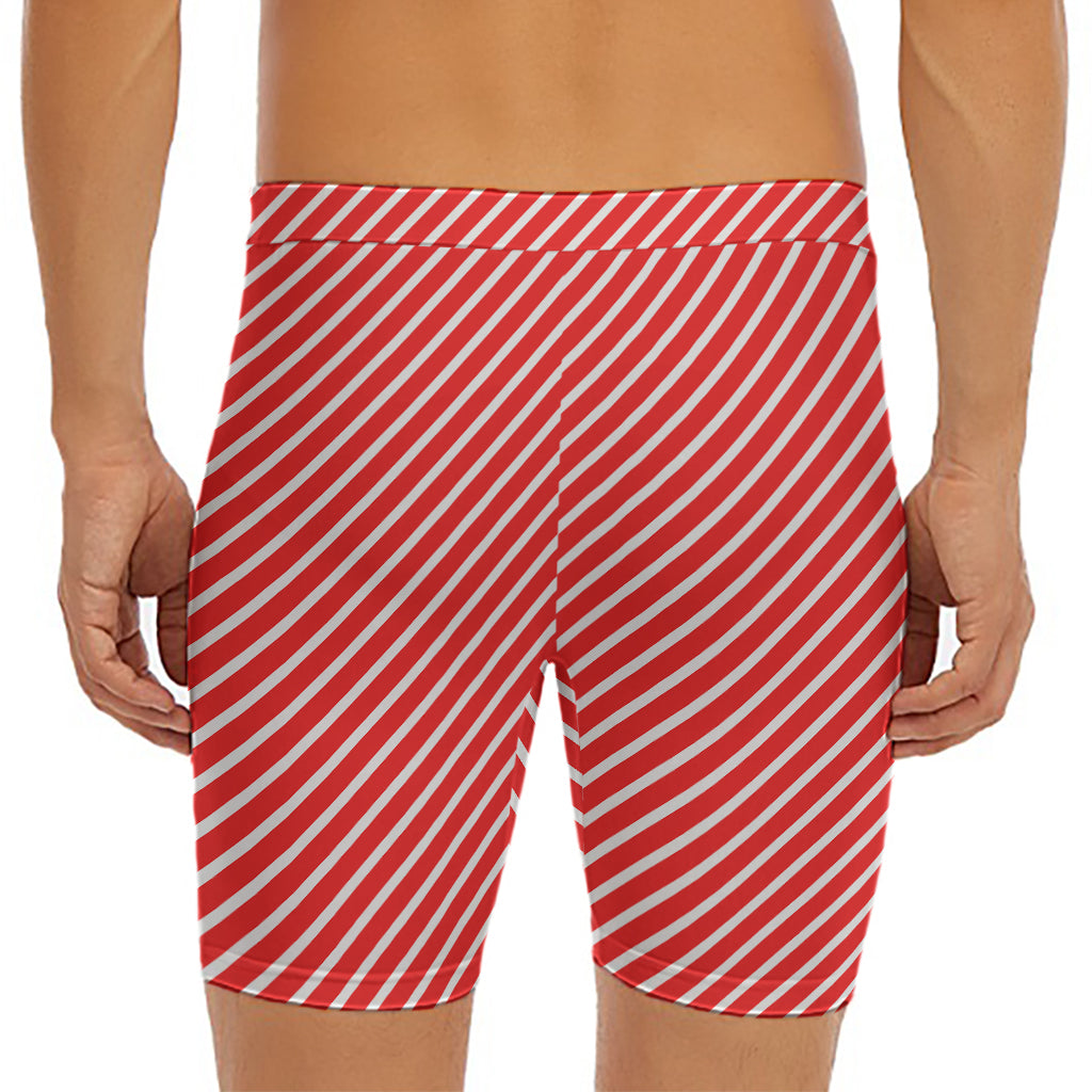 Red And White Candy Cane Pattern Print Men's Long Boxer Briefs