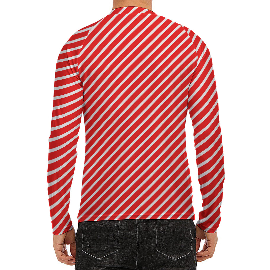 Red And White Candy Cane Pattern Print Men's Long Sleeve Rash Guard