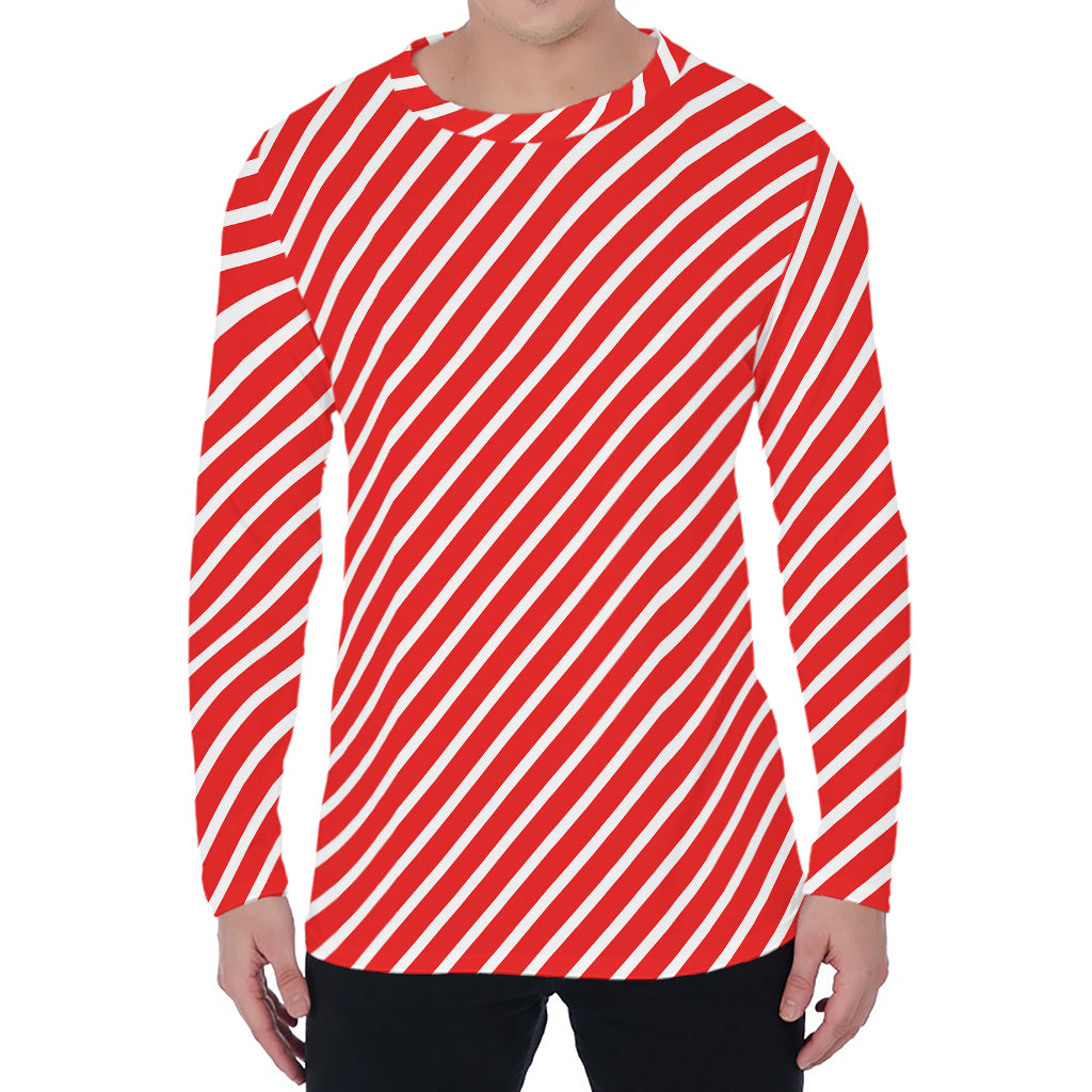 Red And White Candy Cane Pattern Print Men's Long Sleeve T-Shirt