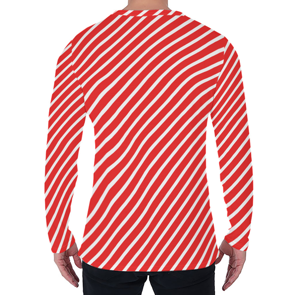 Red And White Candy Cane Pattern Print Men's Long Sleeve T-Shirt