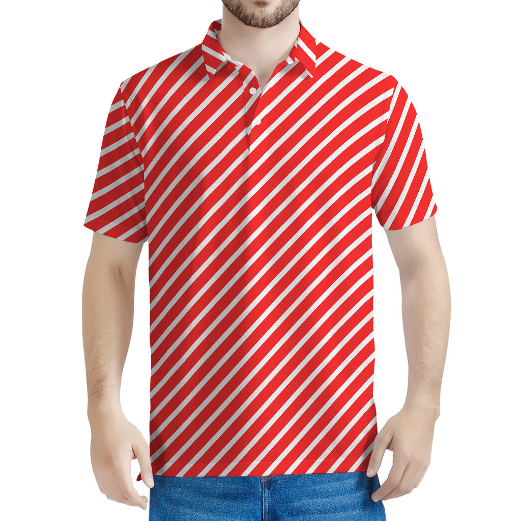 Red And White Candy Cane Pattern Print Men's Polo Shirt