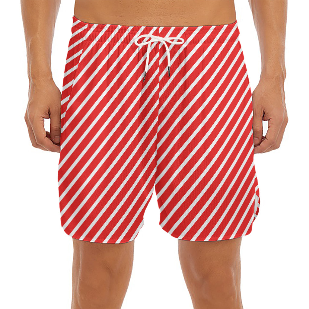 Red And White Candy Cane Pattern Print Men's Split Running Shorts