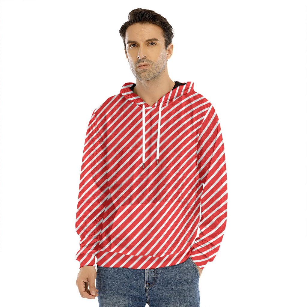 Red And White Candy Cane Pattern Print Men's Velvet Pullover Hoodie