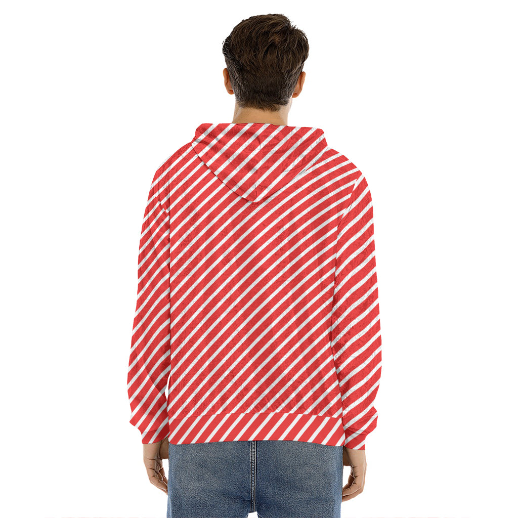 Red And White Candy Cane Pattern Print Men's Velvet Pullover Hoodie