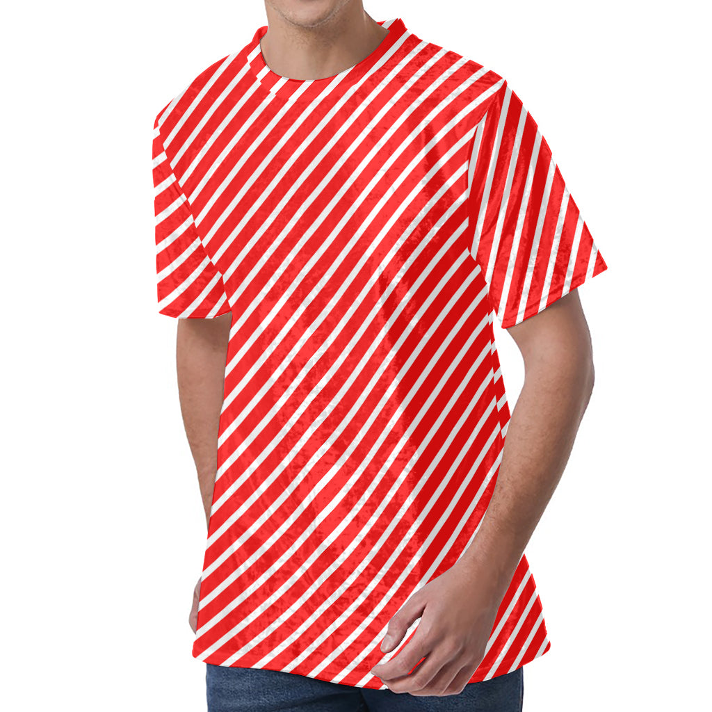 Red And White Candy Cane Pattern Print Men's Velvet T-Shirt