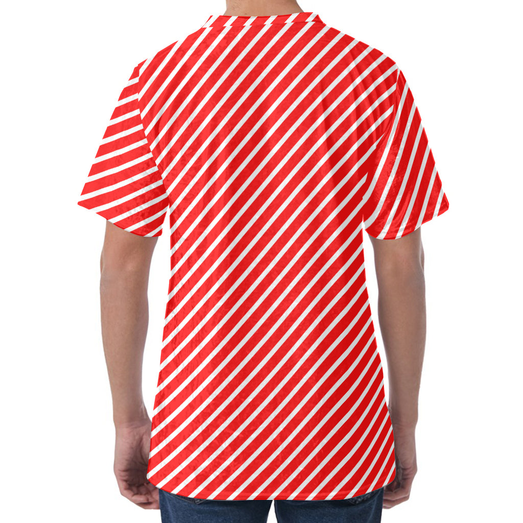 Red And White Candy Cane Pattern Print Men's Velvet T-Shirt