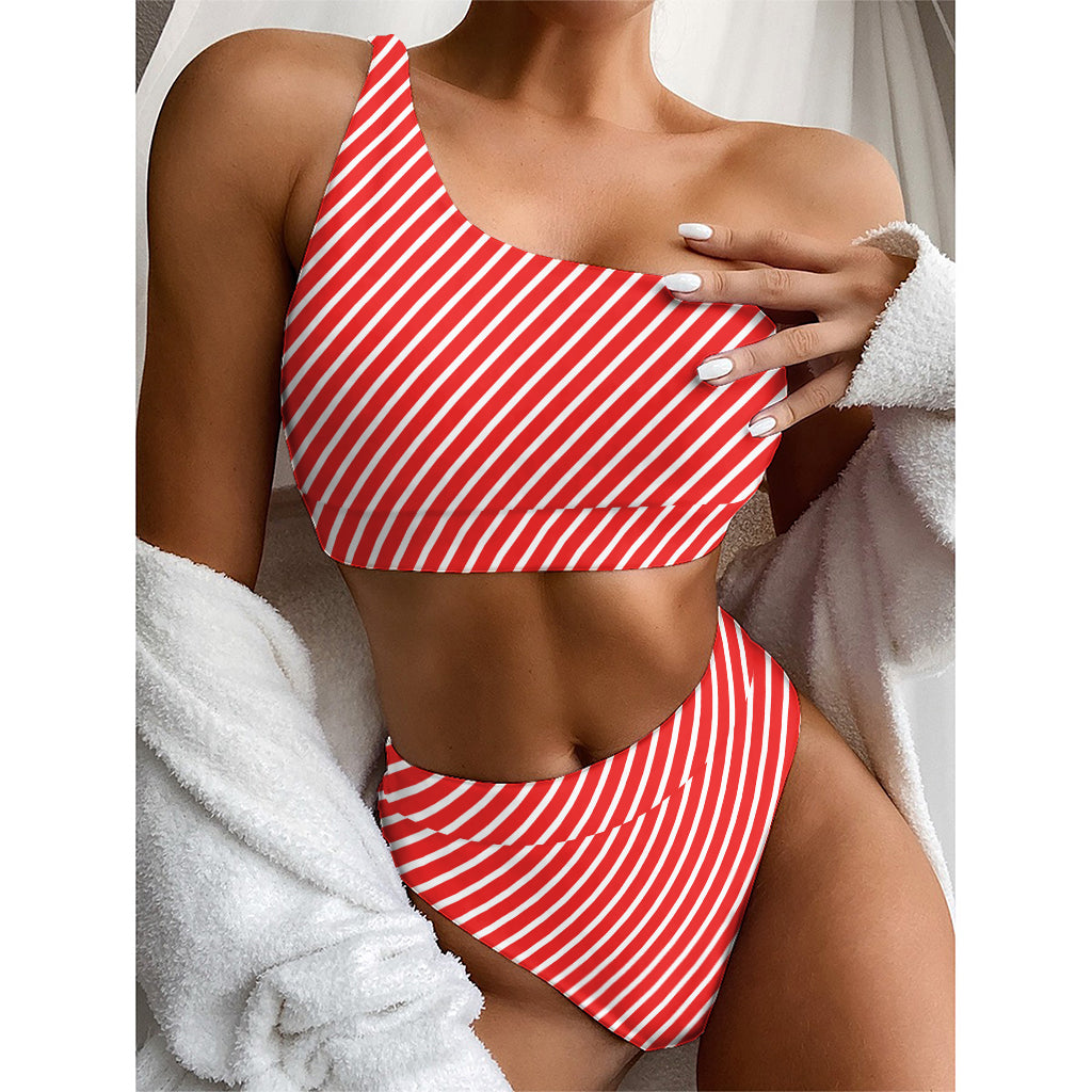 Red And White Candy Cane Pattern Print One Shoulder Bikini Top