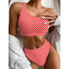 Red And White Candy Cane Pattern Print One Shoulder Bikini Top