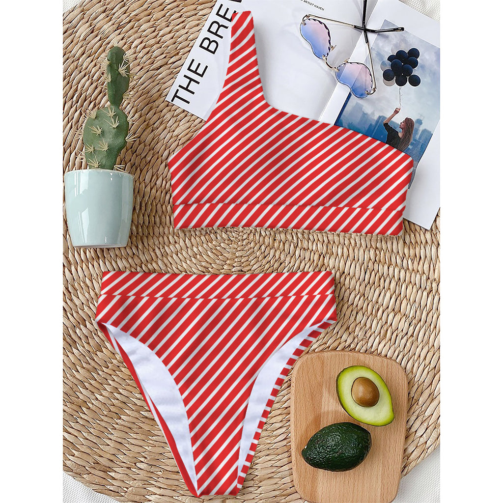 Red And White Candy Cane Pattern Print One Shoulder Bikini Top