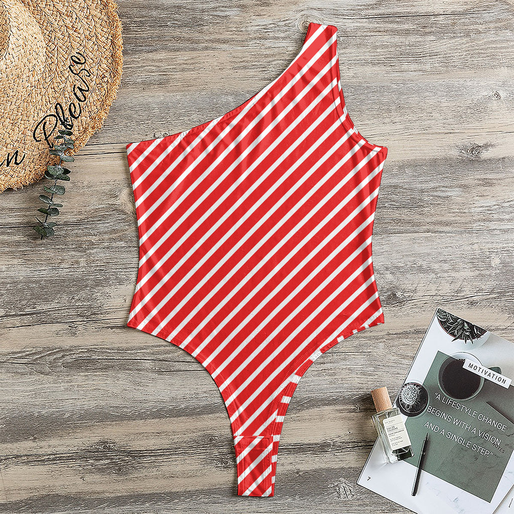Red And White Candy Cane Pattern Print One Shoulder Bodysuit