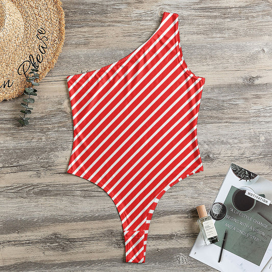 Red And White Candy Cane Pattern Print One Shoulder Bodysuit