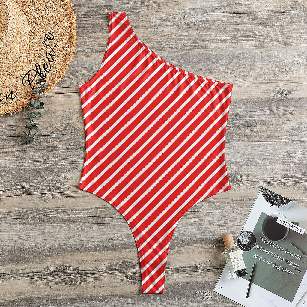 Red And White Candy Cane Pattern Print One Shoulder Bodysuit