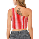 Red And White Candy Cane Pattern Print One Shoulder Crop Top