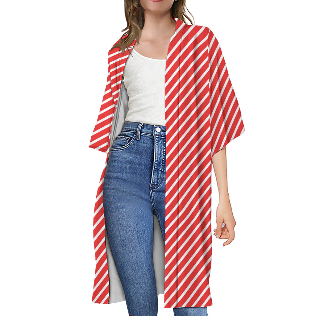 Red And White Candy Cane Pattern Print Open Front Beach Cover Up