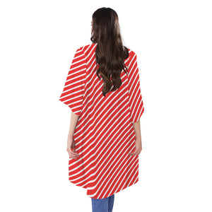 Red And White Candy Cane Pattern Print Open Front Beach Cover Up