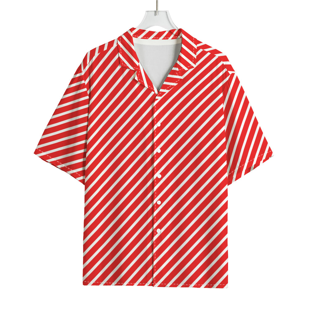 Red And White Candy Cane Pattern Print Rayon Hawaiian Shirt