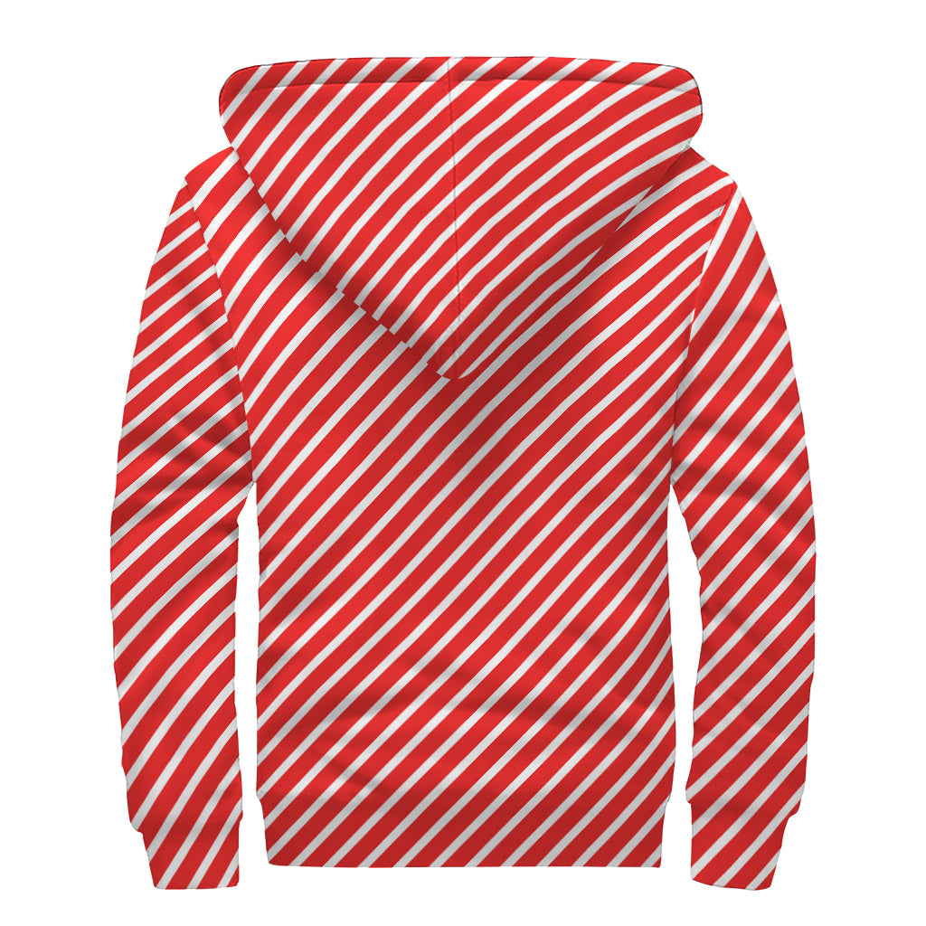 Red And White Candy Cane Pattern Print Sherpa Lined Zip Up Hoodie
