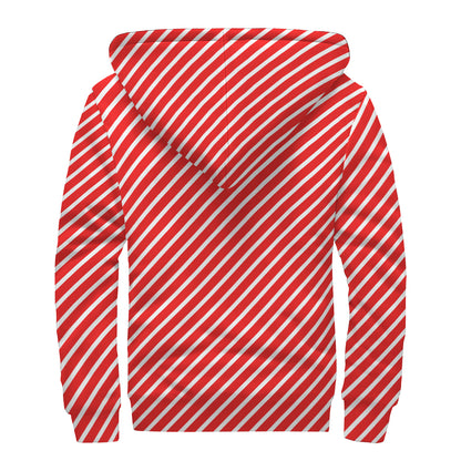 Red And White Candy Cane Pattern Print Sherpa Lined Zip Up Hoodie