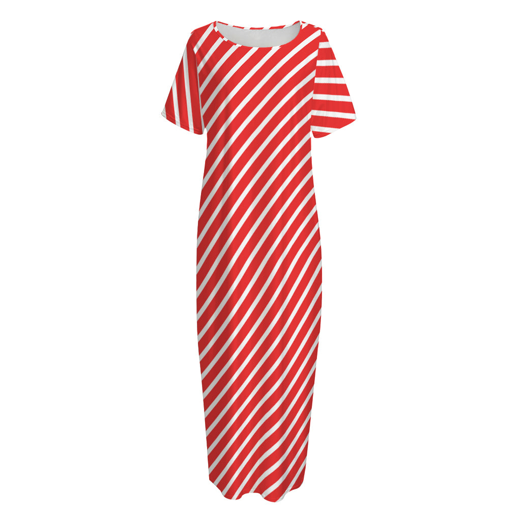 Red And White Candy Cane Pattern Print Short Sleeve Long Nightdress