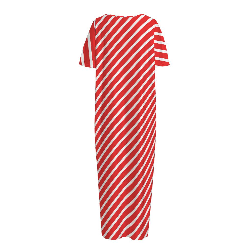 Red And White Candy Cane Pattern Print Short Sleeve Long Nightdress