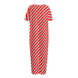 Red And White Candy Cane Pattern Print Short Sleeve Long Nightdress