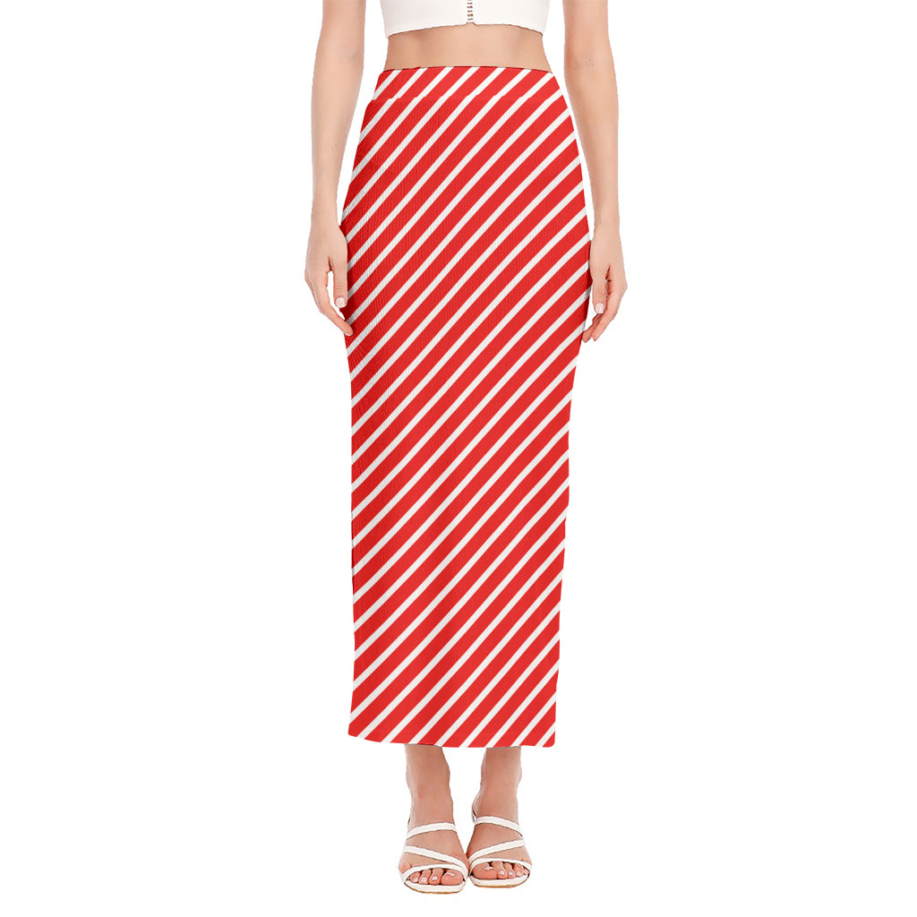 Red And White Candy Cane Pattern Print Side Slit Maxi Skirt