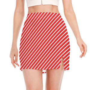 Red And White Candy Cane Pattern Print Side Slit Mini Skirt