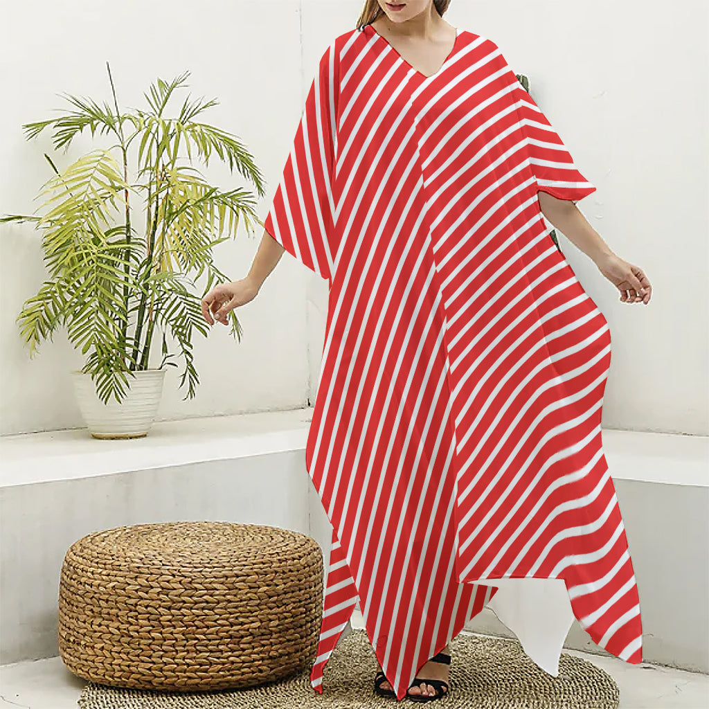 Red And White Candy Cane Pattern Print Silk V-Neck Kaftan Dress