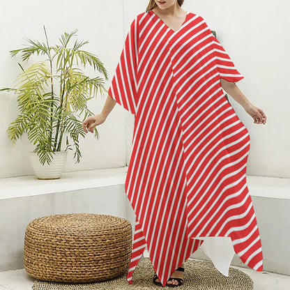Red And White Candy Cane Pattern Print Silk V-Neck Kaftan Dress